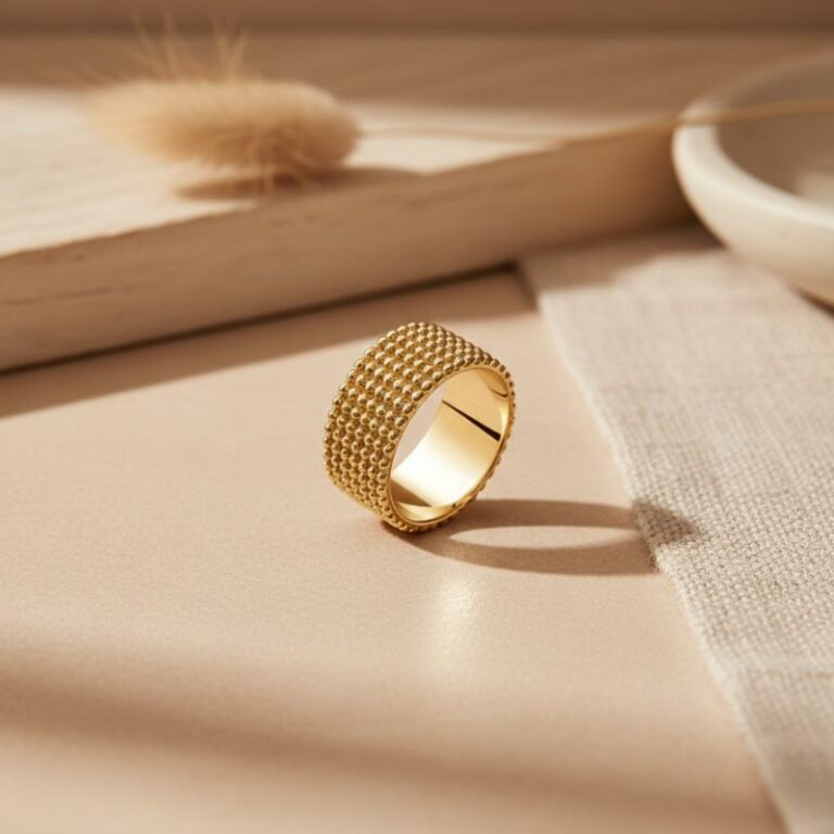 bague anneau large pour femme en plaqué or 18 carats en maille perlée