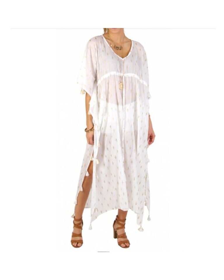 caftan de blanc long en coton blanc imprimé cactus