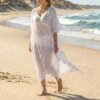 caftan de plage long en coton blanc impirmé cactus
