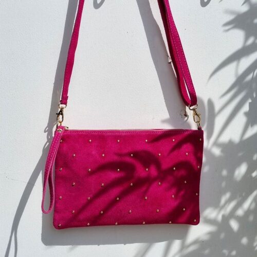 Pochette daim clouté Fushia