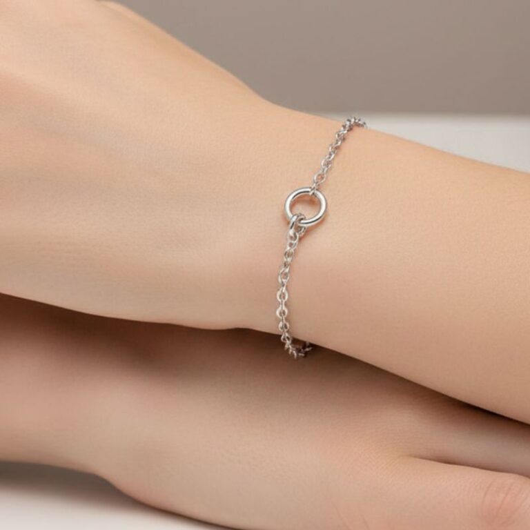 bracelet argent 925 rhodié chaine ornée de 2 cercles asymétriques