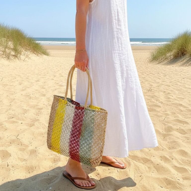 Panier paille motif rayure