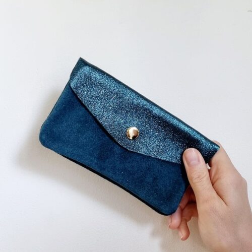 Porte monnaie cuir & daim bleu canard