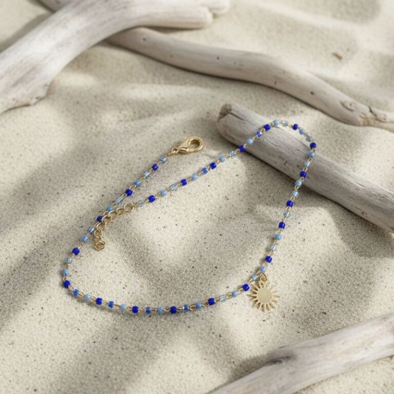bracelet de cheville en perles miyuki véritable et plaqué or 18 carats avec charm soleil