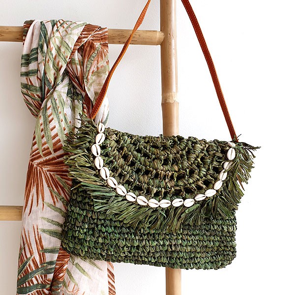 Pochette raphia kaki
