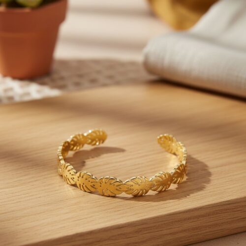 bracelet jonc pour femme en plaqué or 18 kt motif feuilles palmier