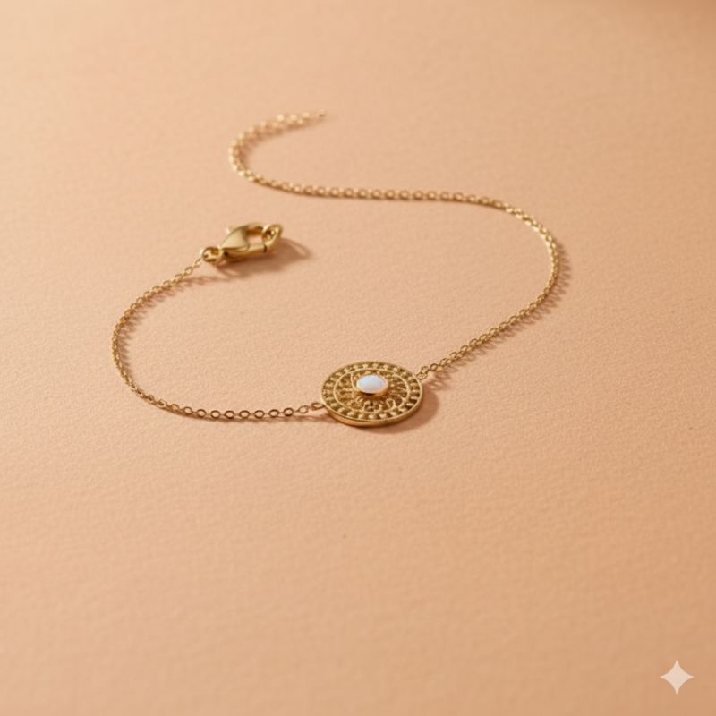 Bracelet en plaqué or 18 carats chaine médaille ciselée pierre de lune