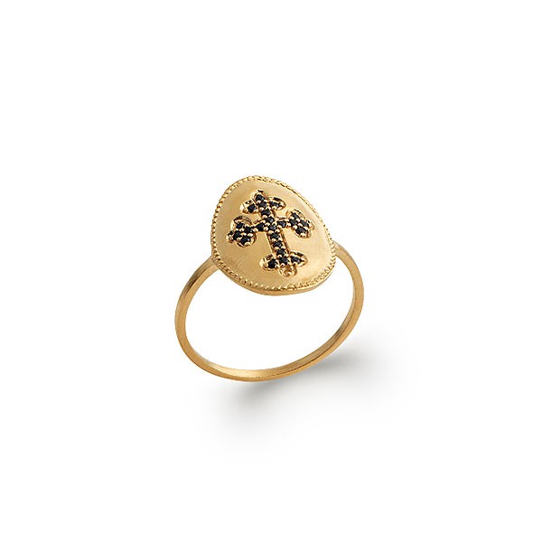 bague pour femme plaqué or 18 kt motif croix orné de zirconium noir