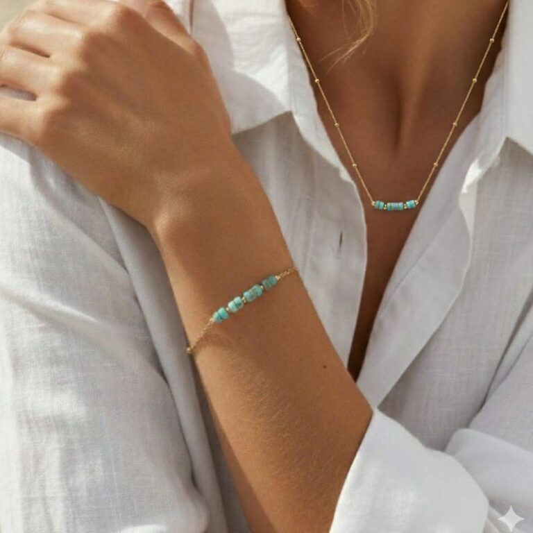 bracelet chaine pour femme en plaqué or 18 carats avec pierre jaspe bleu