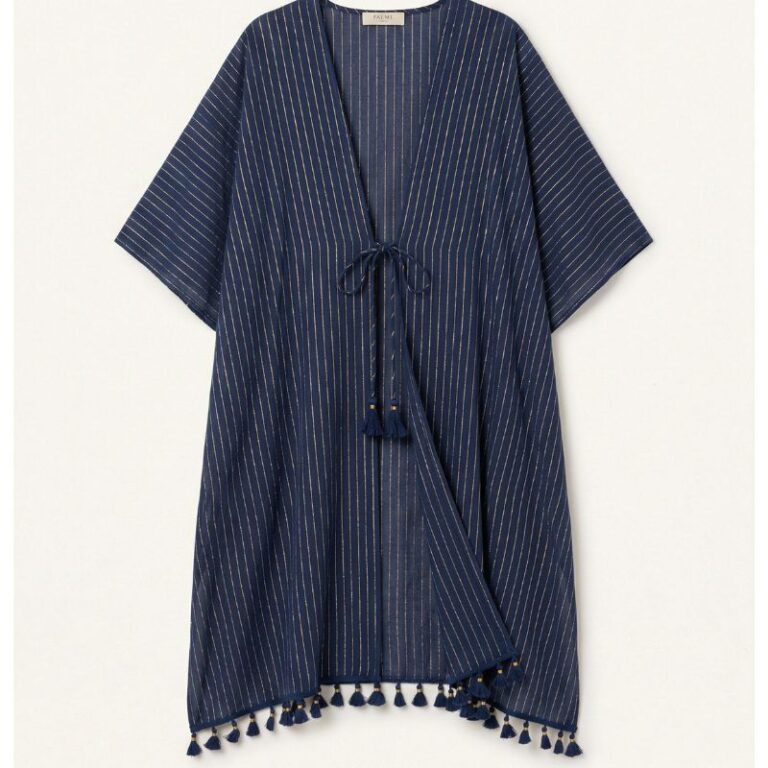 kaftan ou kimono de plage en coton bleu marine et lurex argent marque Atoll Palme