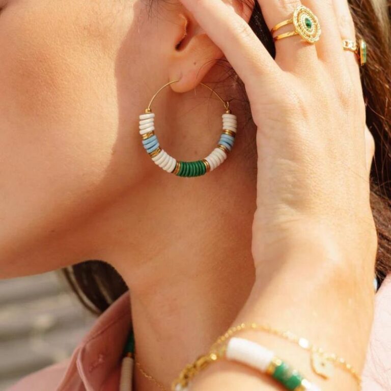 créoles perles heishi bleu/vert