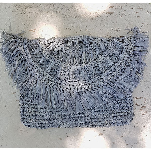 Pochette paille naturelle grise rabat franges