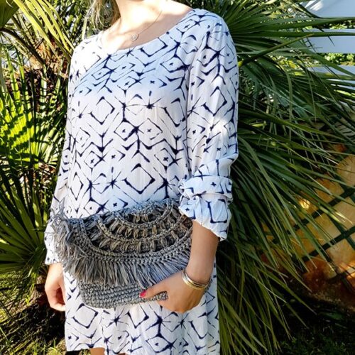 Pochette paille naturelle grise rabat franges