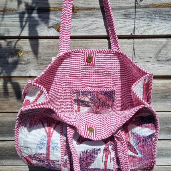 cabas coton matelassé rose imprimé palmiers sac d'été