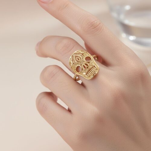 bague plaqué or tête de mort skull inspiration mexicaine
