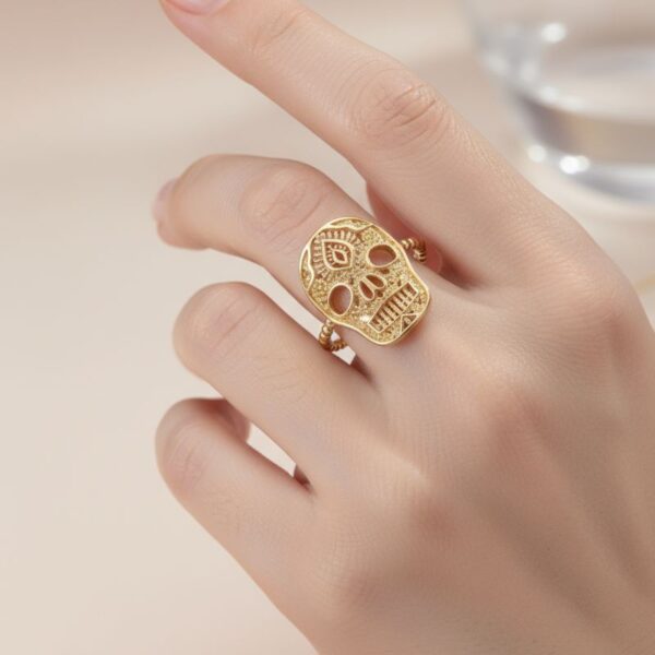 bague plaqué or tête de mort skull inspiration mexicaine