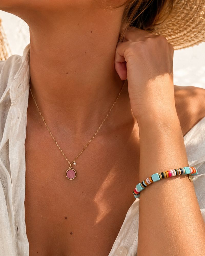 collier fin pendentif rhodonite et petite perle d'eau bijou bohm paris