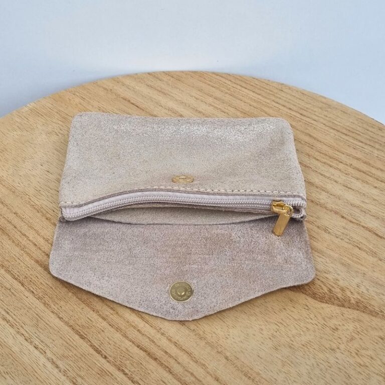Porte monnaie daim pailleté beige