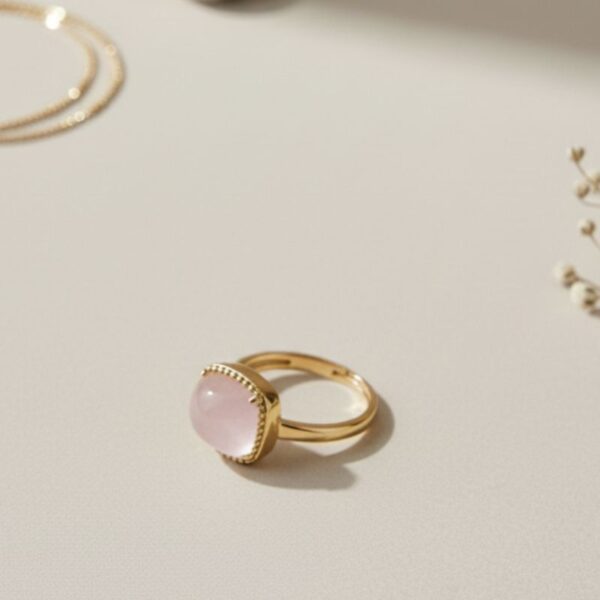 bague femme en plaqué or 18 carats ornée d’une pierre de quartz rose