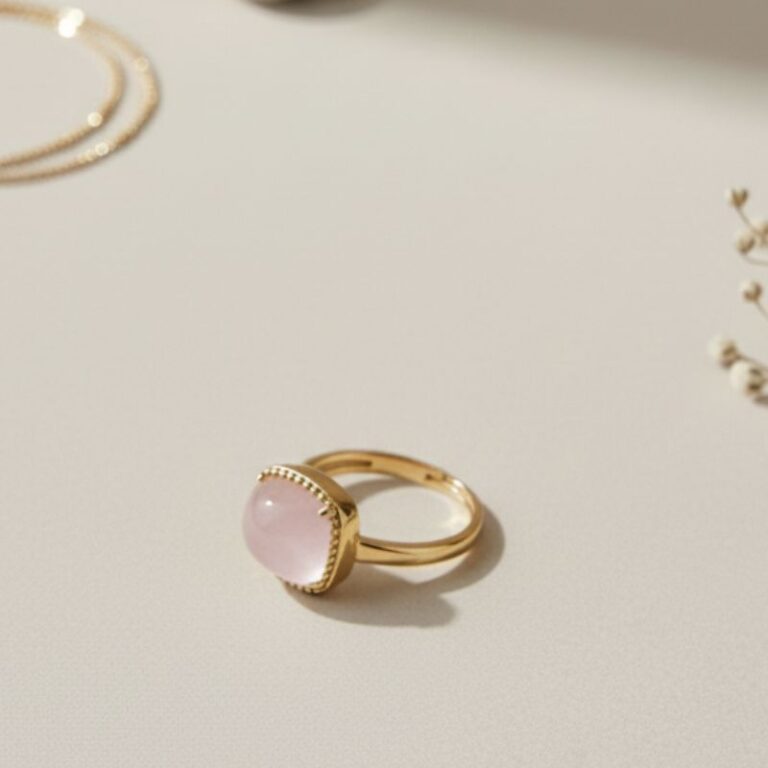 bague femme en plaqué or 18 carats ornée d’une pierre de quartz rose