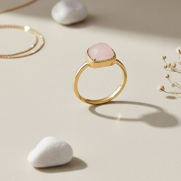 bague femme en plaqué or 18 carats ornée d’une pierre de quartz rose