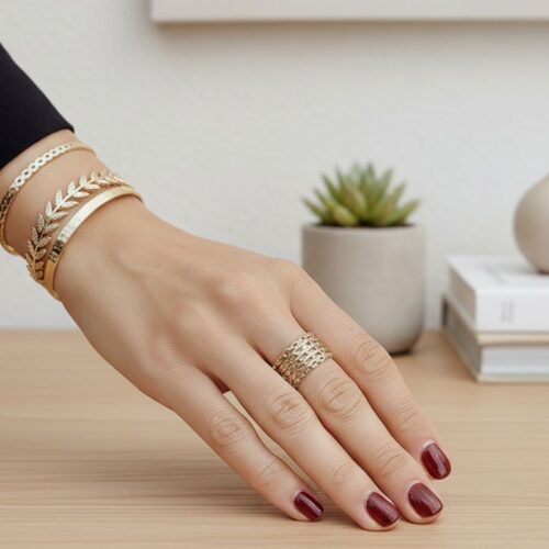 bague anneau pour femme en plaqué or 18 carats motif 5 rangs maillage chaine