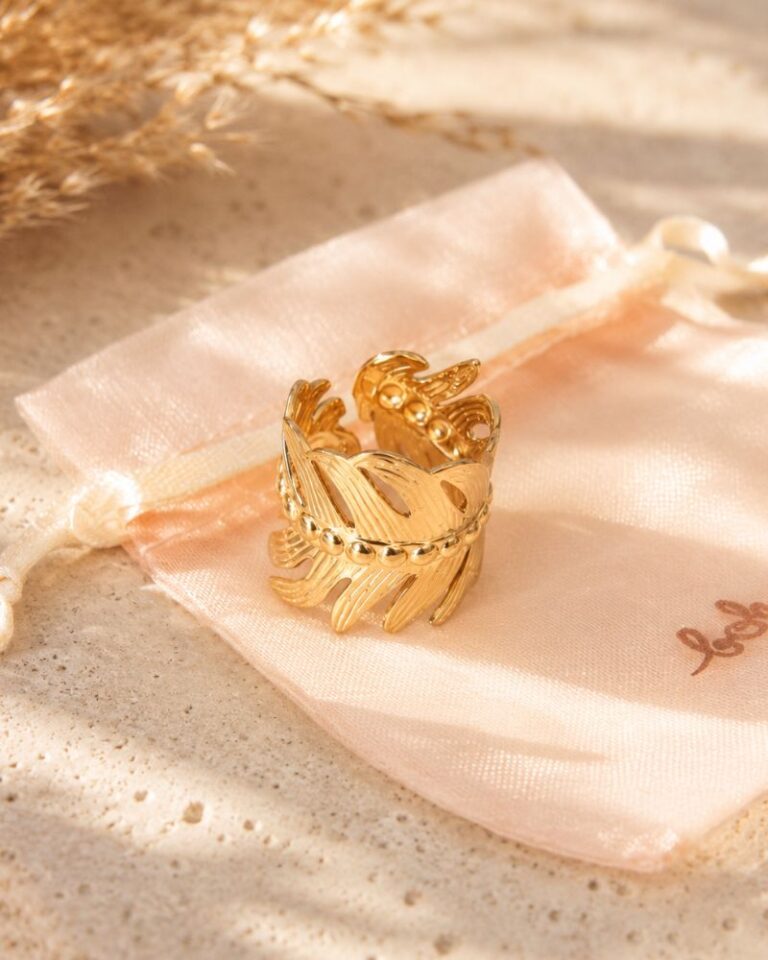 bague motif feuille en acier inoxydable doré