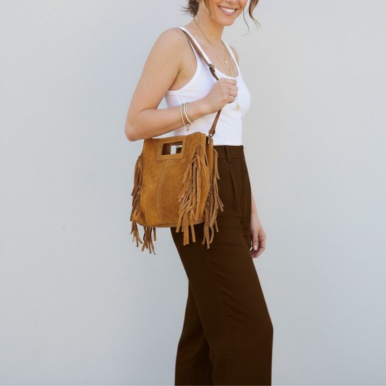 sac tessa daim couleur camel avec franges latérales