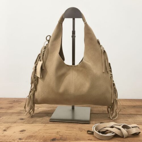mini sac demi lune à franges couleur beige