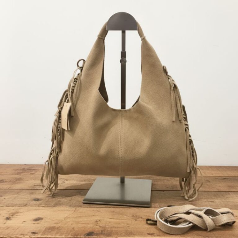 mini sac demi lune à franges couleur beige