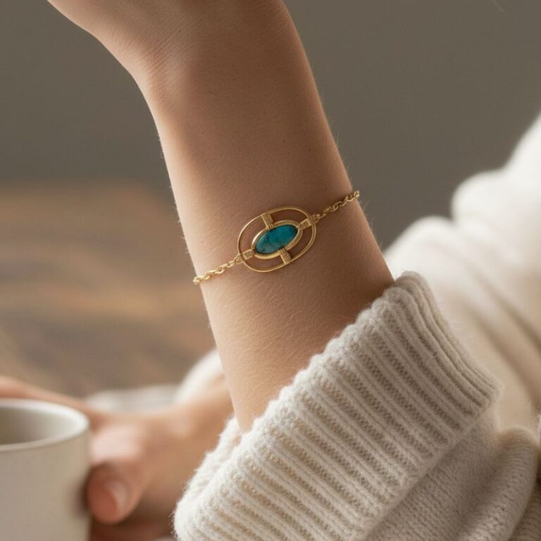 bracelet chaine acier inoxydable doré avec pierre naturelle apatite