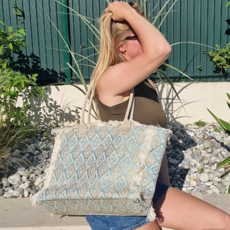 cabas d'été tissé turquoise pas cher