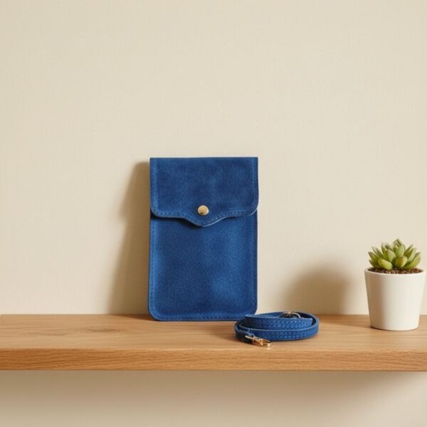 sac pochette pour téléphone daim couleur bleu jean