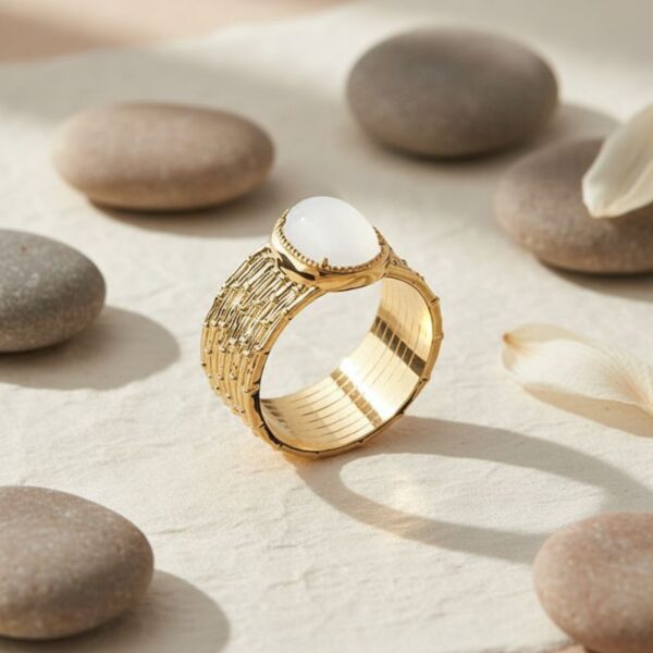 bague pour femme plaqué or effet texturé avec pierre de lune sertie bijou élégant