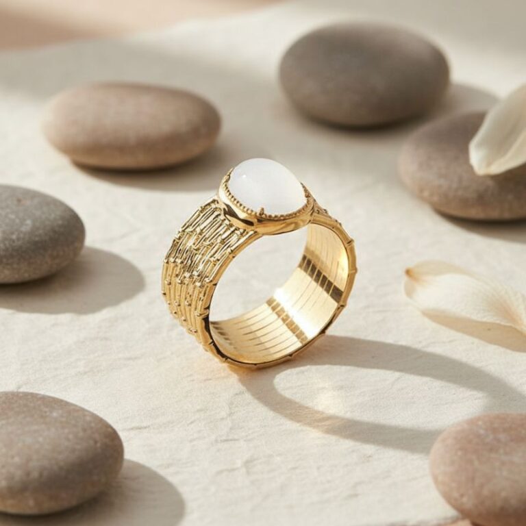 bague pour femme plaqué or effet texturé avec pierre de lune sertie bijou élégant