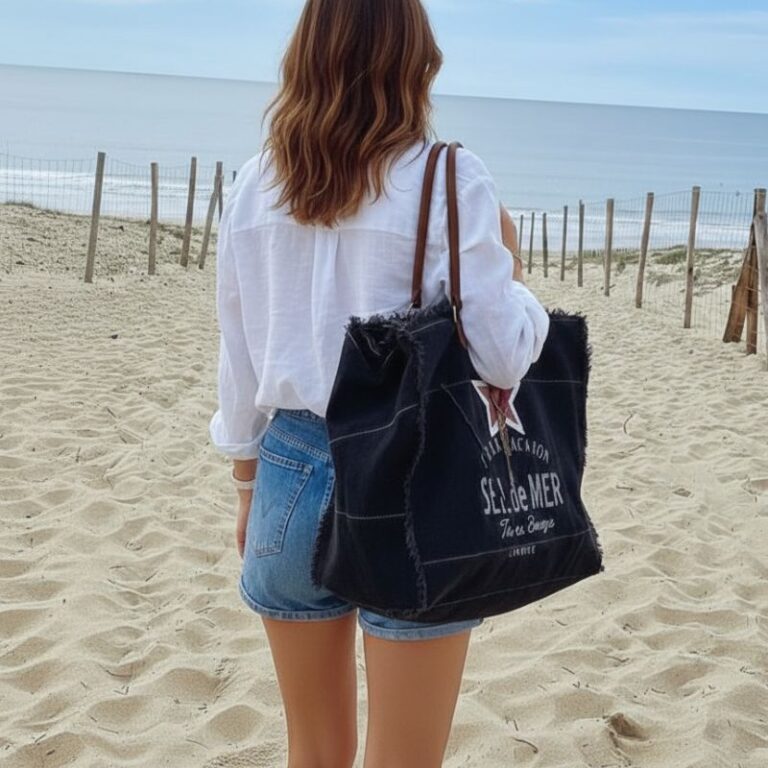grand sac de plage en coton et anses cuir imprimé sel de mer couleur noir