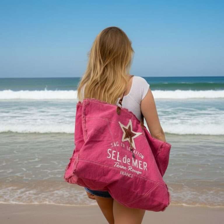 grand sac de plage toile et anses cuir format XL pour tout emporter imprimé Sel de Mer