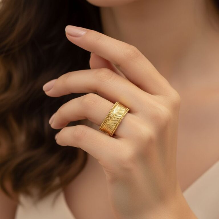 bague pour femme plaqué or 18 carats anneau large contour ciselé motif végétal bague pour femme plaqué or 18 carats anneau large contour ciselé motif végétal