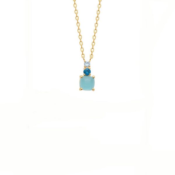 collier plaqué or 18 carats avec pierres semi précieuses aigue marine et zirconium bleu