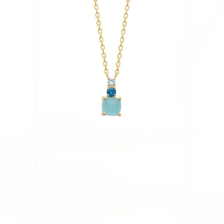 collier plaqué or 18 carats avec pierres semi précieuses aigue marine et zirconium bleu