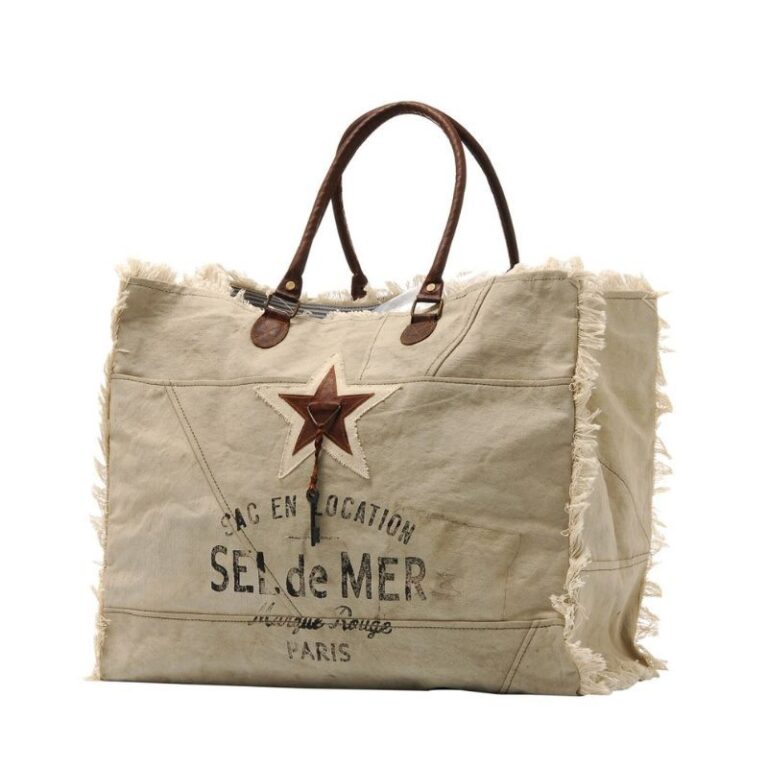 sac cabas plage toile et cuir beige