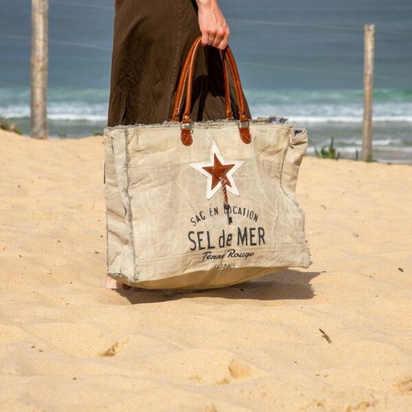 grand cabas de plage toile et cuir beige