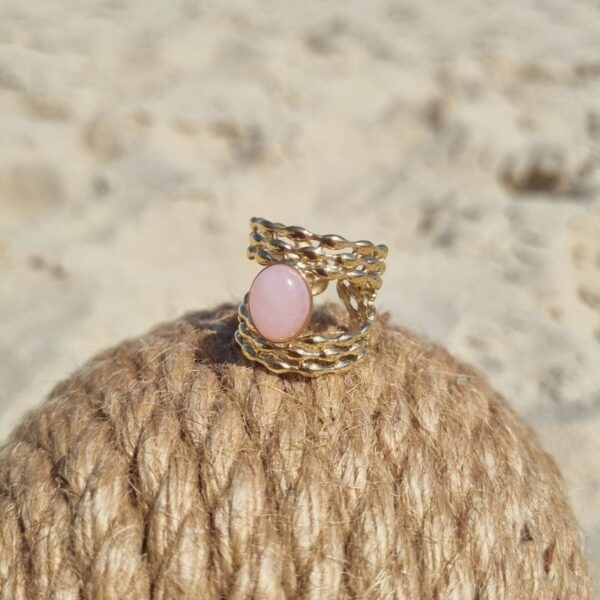bague ajustable acier inoxydable double rang pierre quartz rose mile mila