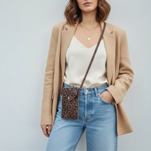 sac pochette pour téléphone daim imprimé léopard