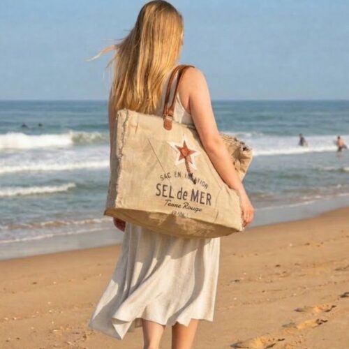 Cabas Plage Toile et Cuir Beige