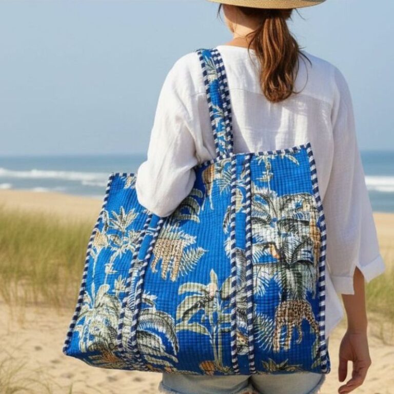 cabas coton blue palm