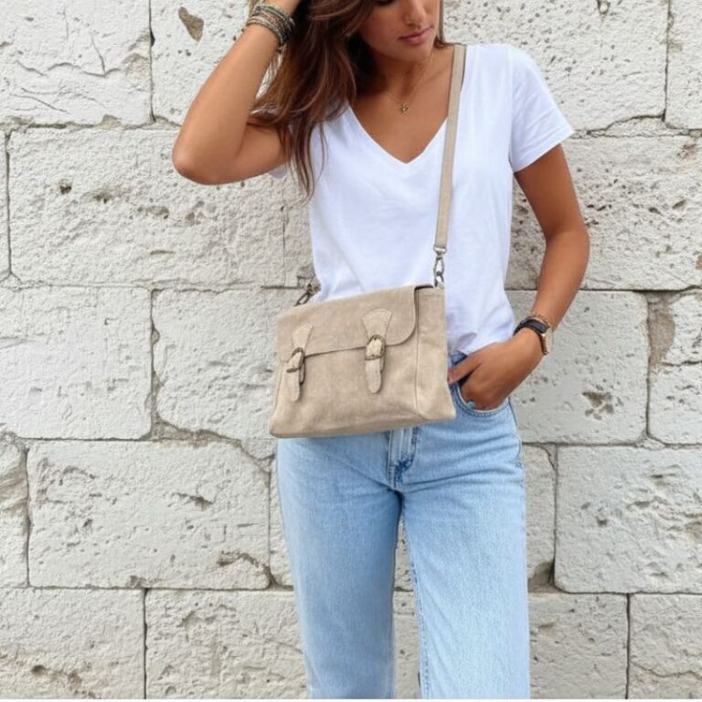 Sac besace bandoulière en daim, double boucle Beige pour femme