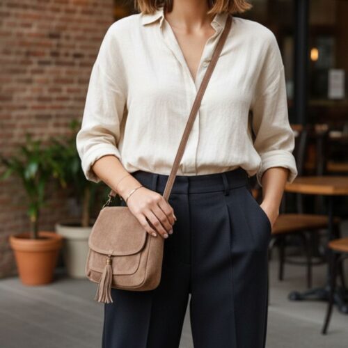 Petit sac besace daim taupe à bandoulière