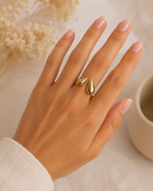 bague 2 gouttes bague acier doré forme 2 gouttes mile mila