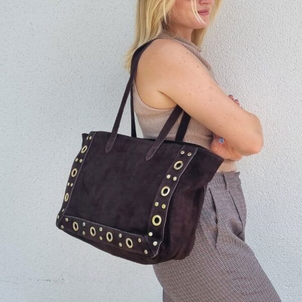 sac cabas daim café oeillets dorés